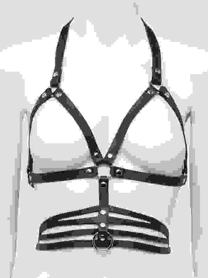 DOMINIX Deluxe Leather Open Cup Harness Bra, Black, hi-res